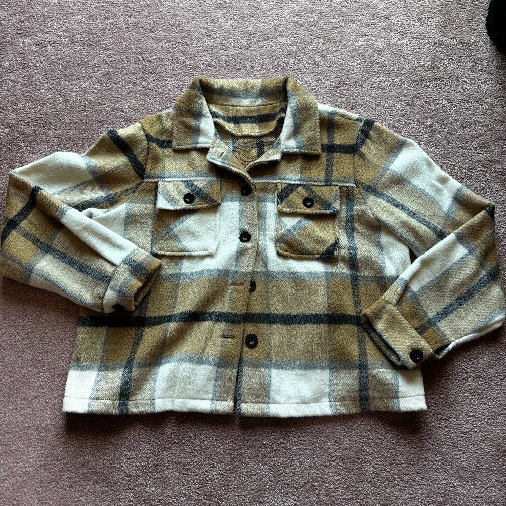 Tan Plaid Button Down Collared Neck - Size Small